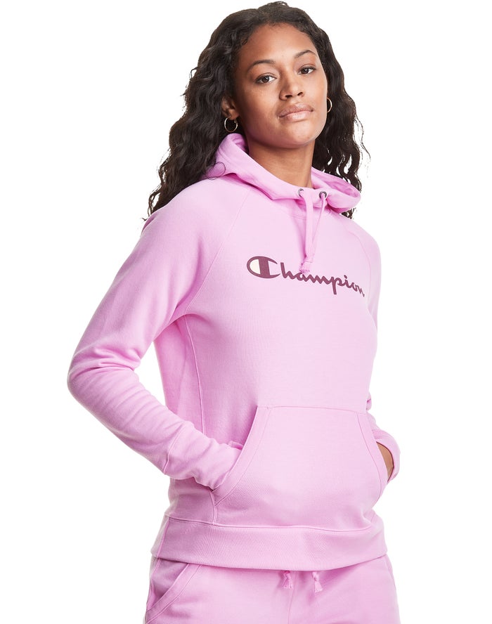 Champion Dame Hættetrøje Lyserød - Powerblend Fleece Script Logo - Danmark UGE-315027